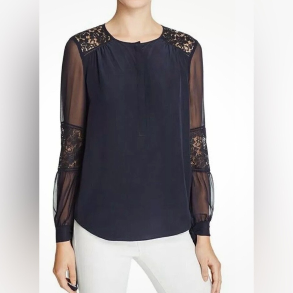 Rebecca Taylor Sarah Silk Lace Long Sleeve Blouse Top Sz 0 Dark Blue
